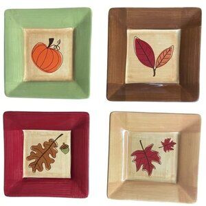 SET of 4 autumn ceramic snack plates seasonal color acorn pumpkin fall leaves